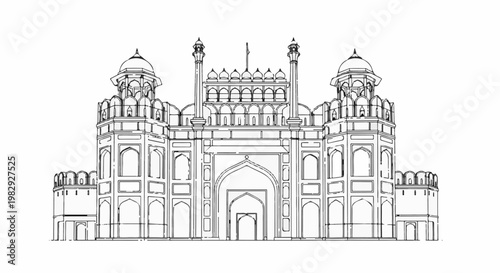 Ornate drawing of an impressive historical fort with arched entrances and towers