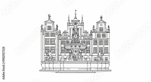 Ornate fountain and historic buildings create a symmetrical, detailed architectural scene