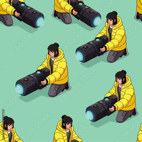 Isometric illustration of a person in a yellow puffer jacket holding a large camera lens, repeating pattern