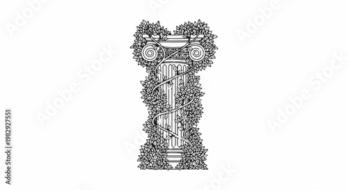 Ornate ionic column adorned with entwined vines and lush green foliage