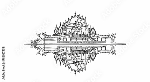 Ornate, tiered structure with pointed roofs, symmetrically reflected