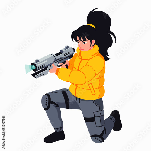 Anime style woman in a yellow puffer jacket holding a futuristic sci-fi laser gun, kneeling pose, action pose, vector illustration