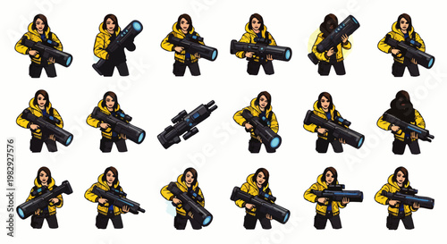 Woman in Yellow Jacket Holding a Futuristic Weapon, Multiple Poses and Angles, Sci-Fi Character Illustration