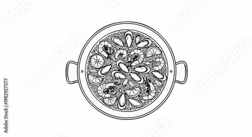 Overhead view of a seafood dish with rice, shrimp, mussels, and lemon slices