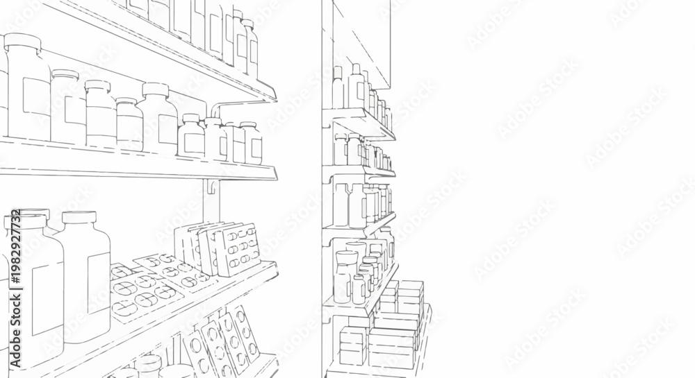 Fototapeta premium Sketch of a pharmacy aisle with shelves stocked with bottles and blister packs