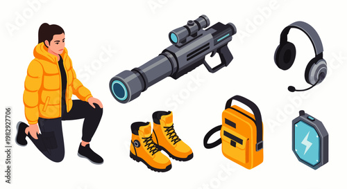 Isometric illustration of a woman in a yellow puffer jacket, tactical gear, boots, backpack, and futuristic weapon, representing adventure and technology.