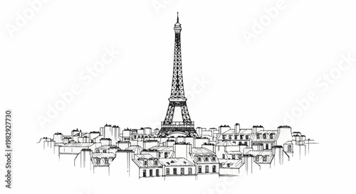Sketch of Eiffel Tower amidst Parisian rooftops