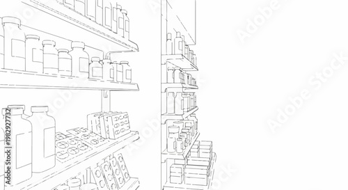 Sketch of a pharmacy aisle with shelves stocked with bottles and blister packs
