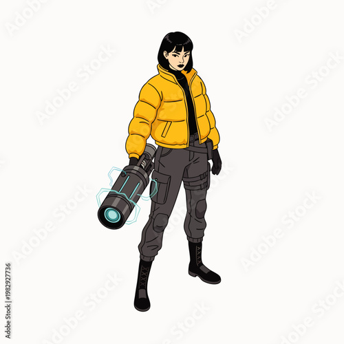 Young woman in a yellow puffer jacket and tactical pants holding a futuristic energy weapon, cartoon style