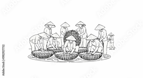 Sketch of people in conical hats working in baskets, drawing