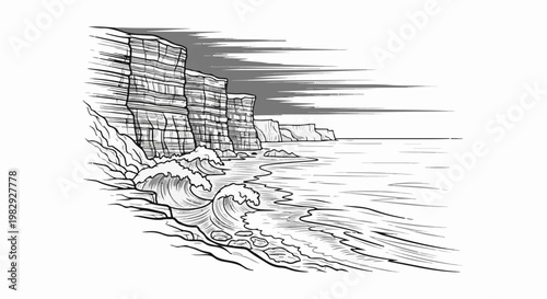 Stylized drawing of rocky cliffs meeting waves under a stormy sky