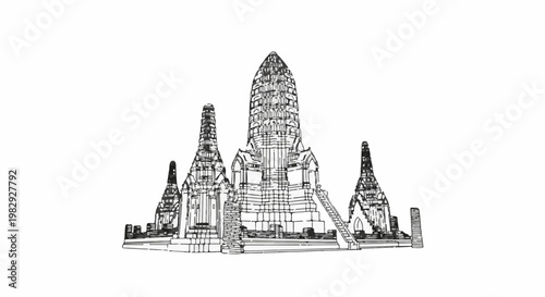 Stylized ink drawing of an ancient stone temple complex with multiple spires