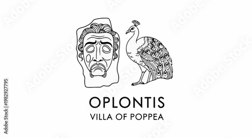 Line art of ancient mask and peacock beside text "Oplontis Villa of Poppaea