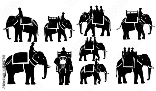 Elephant silhouettes with riders vector set cultural travel illustration isolated on white