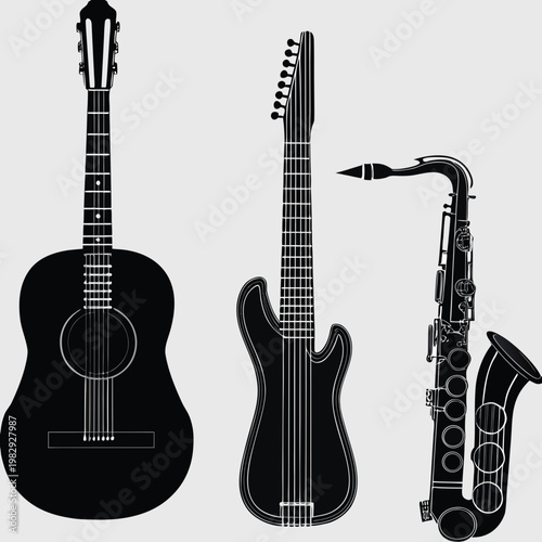Vector silhouette set of acoustic guitar, electric bass, and saxophone musical instruments.