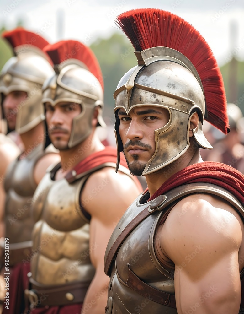 Fototapeta premium A close-up of a muscular man in ancient armor and a red plume helmet