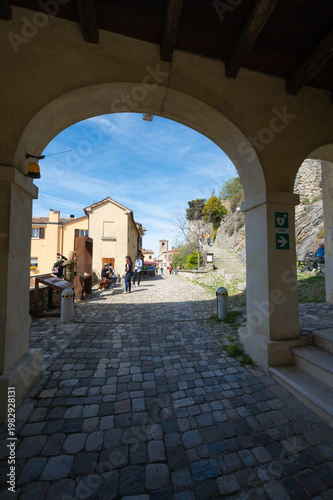 Italy, 10 April 2026: Medieval village Montebello with Azzurrina castle on hilltop, Valmarecchia landscape Rimini Emilia Romagna, historic borgo architecture, scenic view