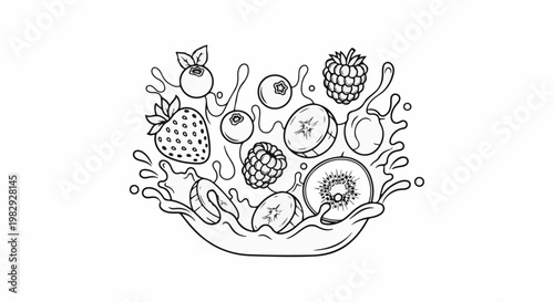 Assorted fresh berries and kiwi slices splashing in liquid