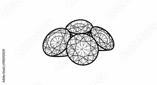 A cluster of faceted gemstones, illustrated in black and white outline