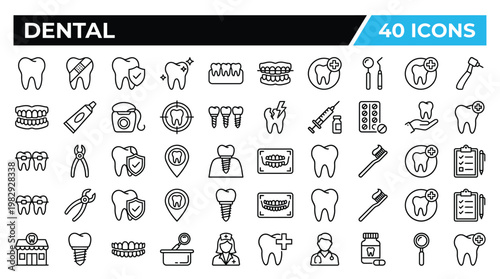 Dental icons set comprehensive collection of tooth hygiene and treatment related line art
