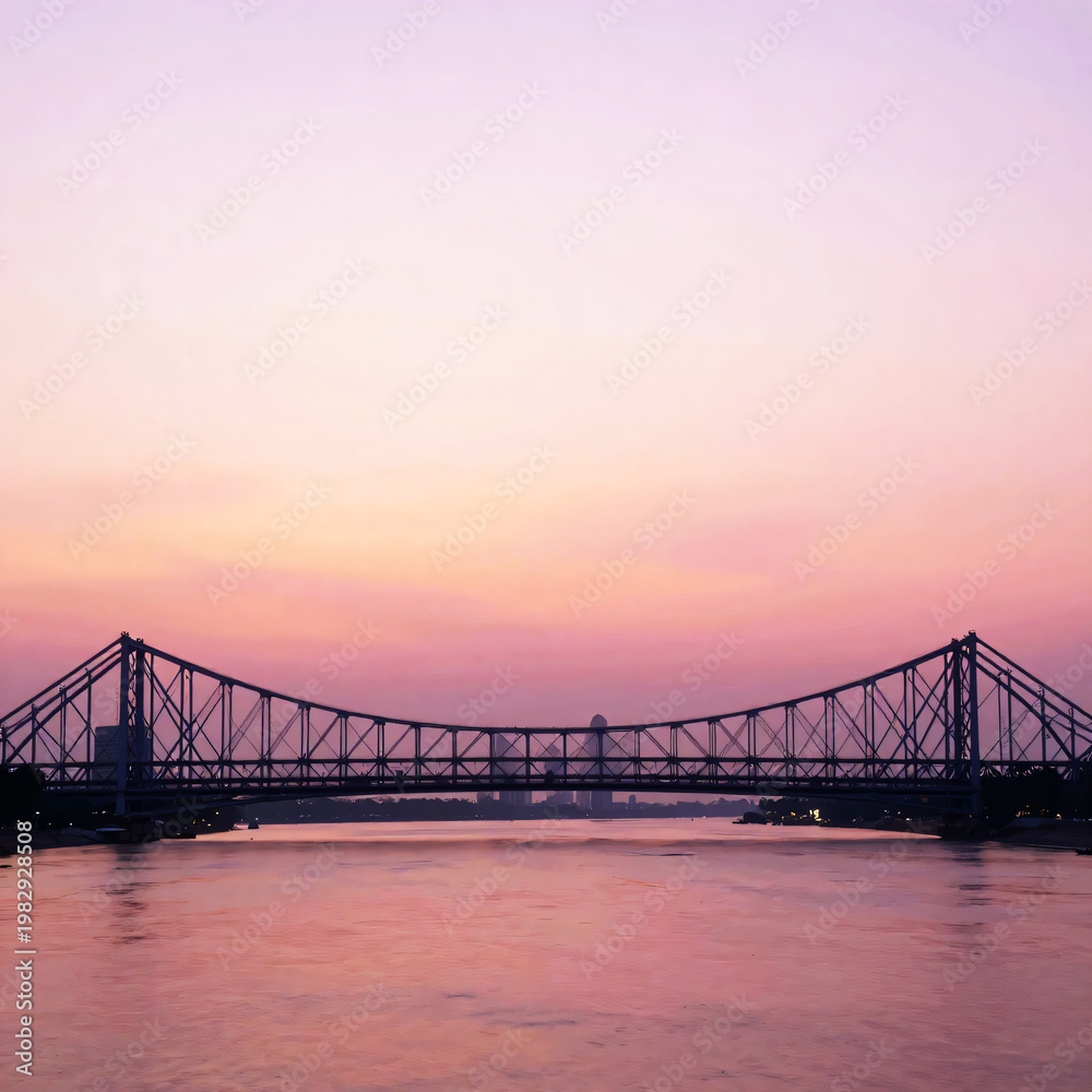 Fototapeta premium Minimalist Kolkata Skyline Illustration with Howrah Bridge and Hooghly River at Sunset