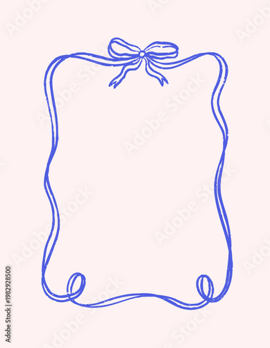 Line hand-drawn ribbon bow frame, card background design. Cute scribble tape border in coquette doodle sketch style. Contour margins decoration, abstract poster. Handdrawn vector illustration