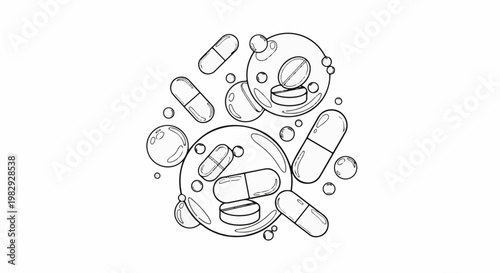 Medical pills and capsules depicted with circular bubbly elements