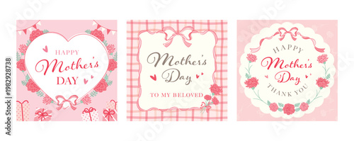 母の日の正方形のナチュラルかわいいコピースペースありバナーフレームテンプレート_花束、リボン、プレゼントボックスなど