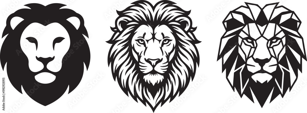 Obraz premium Black and white lion head logo set bold silhouette, detailed realistic mane, and geometric low poly vector illustration
