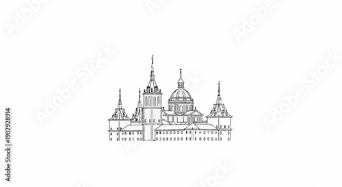 Ornate multi-spired building with a central dome, depicted in black and white line art