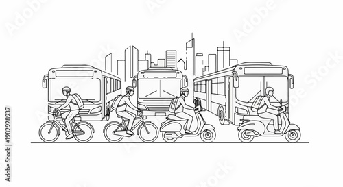 City transportation buses, bicycles, and scooters in an urban setting