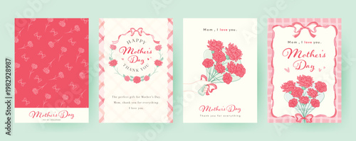 母の日の縦長ナチュラルフレーム_お母さんへの感謝カード等に_リボンや手渡しの花束、カーネーションのイラスト