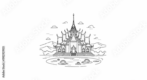 Ornate structure with tiered roof and spire, set against mountains and water