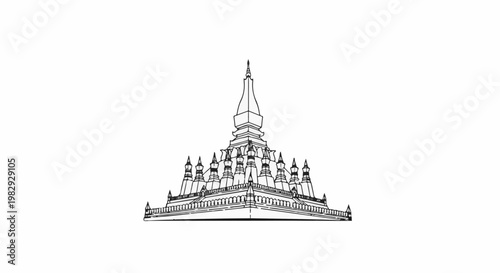 Ornate stupa with multiple tiered roofs and spires on a platform