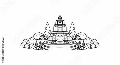 Ornate tiered fountain surrounded by lush greenery and blooming flowers