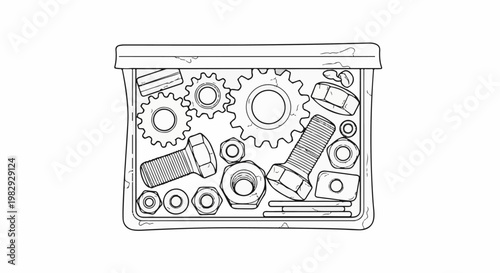 Collection of gears, nuts, bolts, and washers inside a textured container