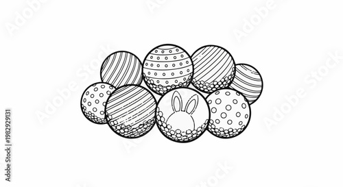 Collection of circular objects with patterns, one featuring bunny ears