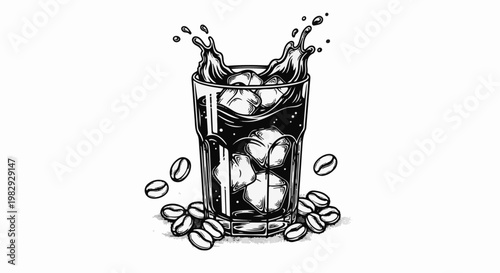 A refreshing cold coffee splash with scattered beans