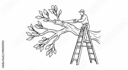 Person on ladder sawing a large tree branch with many leaves