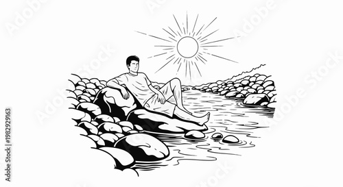 Person relaxes on rocks by a sunny river