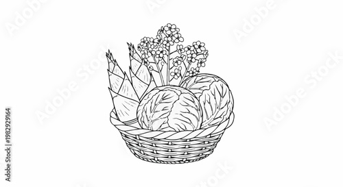 Woven basket overflows with fresh cabbages, bamboo shoots and small flowers