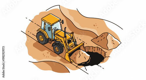 Yellow backhoe loader excavating a construction site