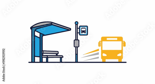 Yellow bus approaches a blue bus stop with a bench