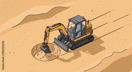 Yellow excavator digging a circular hole in sandy terrain