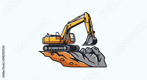 Yellow excavator digging into a rocky terrain with orange soil