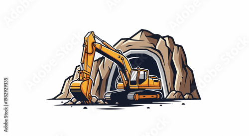 Yellow excavator in front of a dark tunnel entrance