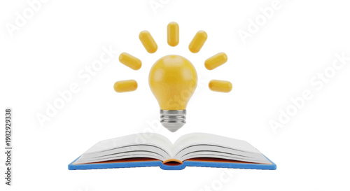 Vector illustration of 3d illustration of a glowing light bulb hovering over an open book on a transparent background
