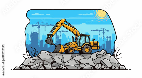 Yellow excavator on rubble with city skyline and cranes behind