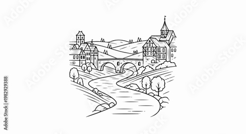 Quaint village nestled in rolling hills, a curved river flows under an arch bridge