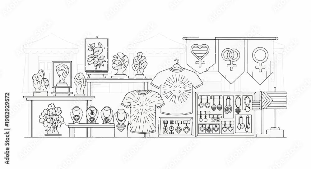 Naklejka premium Outdoor market stall displays diverse handmade crafts and pride symbols